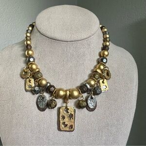 Vtg Liz Claiborne Gold Gunmetal Two Tone Charm Dangle Costume Fashion Necklace